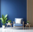© Hasni - Modern, cozy living room featuring a deep blue wall, light wooden furniture, and plants.  A comfortable armchair with a white pillow.  Simple, elegant d?cor