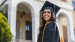 © Elena Iakovleva - Graduating student smiles in cap and gown at university campus on graduation day