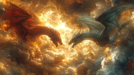 Wall Mural - a couple of dragons flying through a cloudy sky