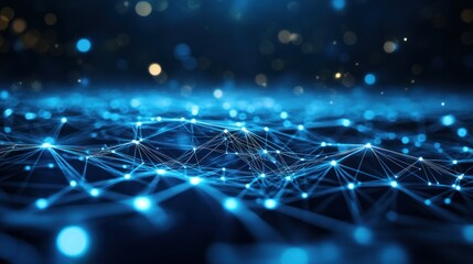Digital network flowing, glowing particles, dark background, technology concept