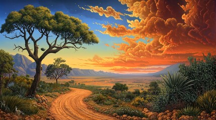 Wall Mural - tranquil savanna evening, where the sky burns in hues of orange and red over vast open plains.
