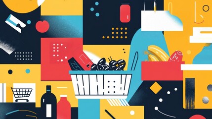 Poster - Stylish abstract grocery shopping theme featuring geometric shapes and bold colors in a modern aesthetic Generative AI