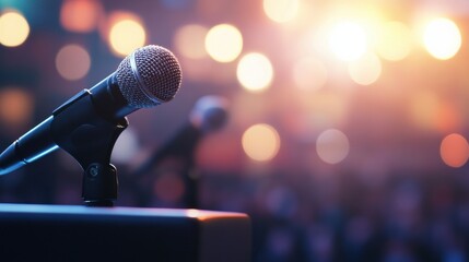 Poster - Modern political podium with multiple microphones in a professional setting during a significant event Generative AI