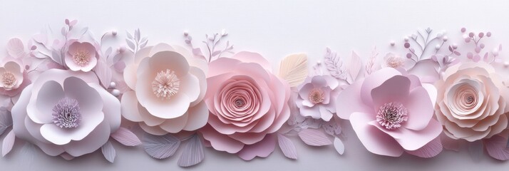 Poster - Delicate floral paper art composition featuring layered pink and purple flowers with intricate cutout details showcasing elegance and craftsmanship