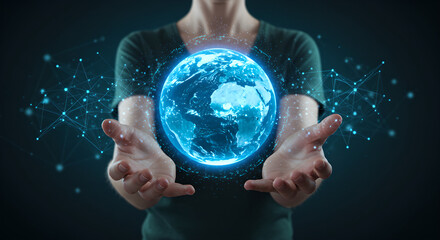 Wall Mural - woman holds digital globe with connected dots and lines projection. global network of internet and c