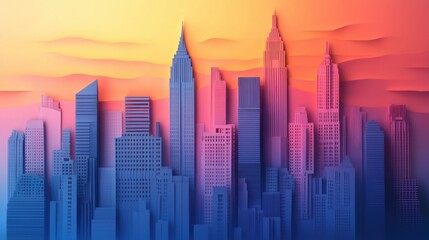 Poster - Stunning layered cut paper city skyline with soft lighting showcasing modern urban buildings at sunset Generative AI