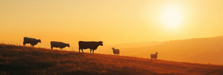 Aufkleber - Serene silhouettes of cows, sheep, and chickens on a hill at sunrise in a peaceful rural landscape Generative AI