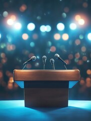 Poster - Modern political podium with multiple microphones in a professional setting and an engaged audience atmosphere Generative AI