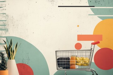 Poster - Stylish grocery shopping concept featuring geometric shapes and vibrant colors in a modern setting Generative AI