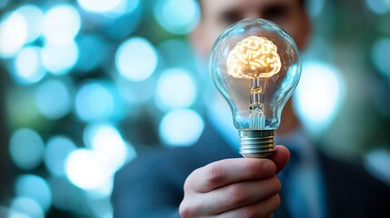 Wall Mural - businessman holds virtual lightbulb with brain inside. concept of innovation, smart thinking. idea g