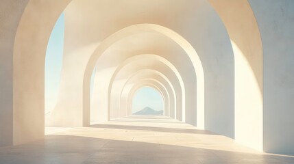 Canvas Print - empty arched passageway leading to distant mountain. sunlight and light-filled interior. use stock p