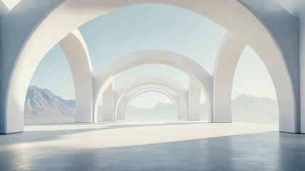 Canvas Print - empty white arched corridor stretches into desert landscape. sunny day. minimalist architecture. geo