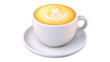 © Chanthakan - A steaming hot cup of creamy frothy latte in a clean white ceramic mug served on a matching saucer  The latte art design adds a touch of to this comforting morning beverage