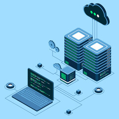 Wall Mural - computer technology isometric illustration. computation of big data center. cloud computing. online 