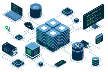 Wall Mural - computer technology isometric illustration. computation of big data center. cloud computing. online 