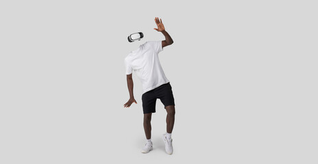 Poster - A person is engaged with modern virtual reality technology, wearing a headset and using a device to explore immersive environments.