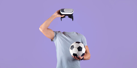 Poster - A person stands in a modern environment, wearing virtual reality goggles and holding a soccer ball. The background is vibrant and unembellished, emphasizing the technology and activity.