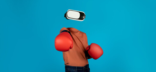 Poster - An individual wearing a virtual reality headset and red boxing gloves appears to be immersed in a digital boxing game. The background is a vibrant blue, emphasizing the modern technology.