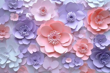 Aufkleber - Floral paper art composition featuring layered flowers in soft pink and purple tones with intricate details and delicate cutouts