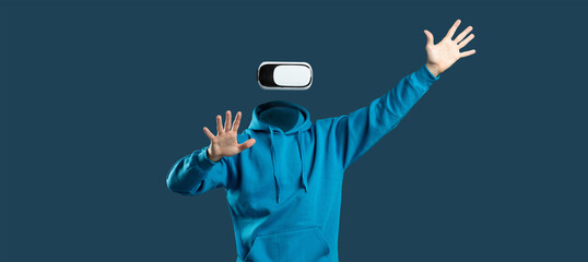 Poster - A person wearing virtual reality goggles interacts enthusiastically, with hands raised, showcasing the immersive technology.