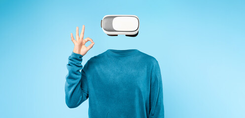 Poster - A user engages with a virtual reality headset, showcasing modern technology in a vibrant, isolated setting. The individual demonstrates a calm, focused demeanor while using the device.