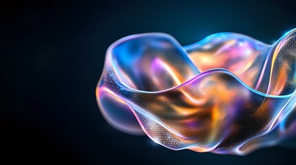 Flowing digital wave visualization with iridescent colors and particle mesh structure on dark background creates futuristic abstract technology concept.