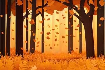 Poster - Layered paper cut autumn forest with golden leaves and soft light creating a cozy seasonal atmosphere Generative AI