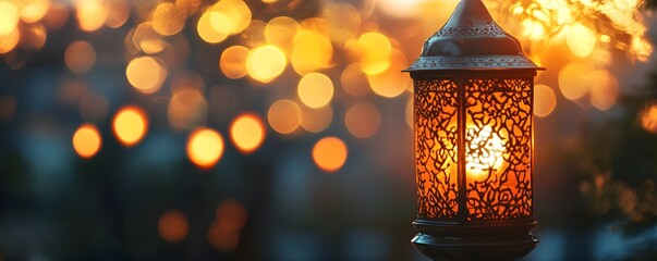 Aufkleber - Ornate lantern illuminating the night with warm glow and bokeh background
