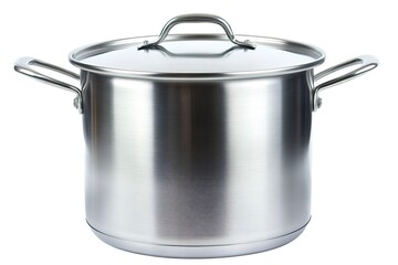 large stainless steel cooking pot with lid and handles on white background