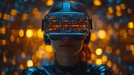 Woman using VR headset, futuristic display.