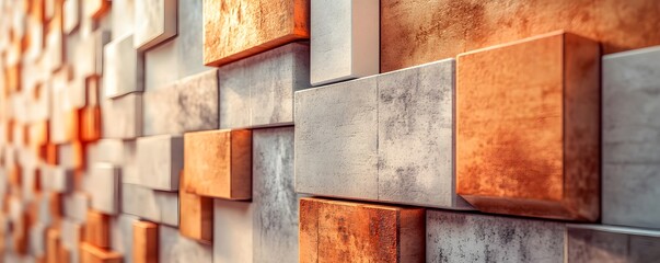 Poster - Abstract wall of concrete and copper cubes creating textured background