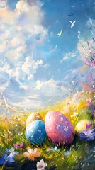 Wall Mural - colorful easter eggs lying in grass under blue cloudy sky