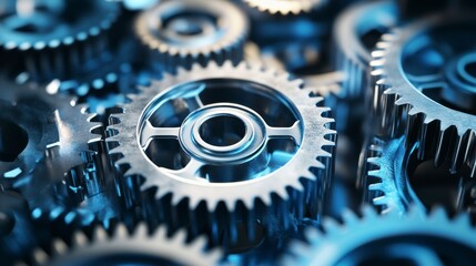 Poster - Close-up of metallic gears interlocked, showcasing intricate details and a blue-toned aesthetic.
