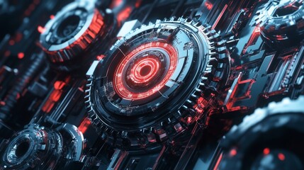 Leinwandbilder - Abstract futuristic technology background with glowing red and blue mechanical gears.