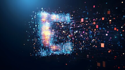 Fototapete - Big data cube exploding into digital particles in virtual space