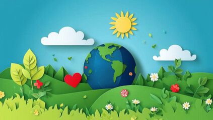 Wall Mural - paper art of green nature and earth day concept background template.ecology and environment conserva