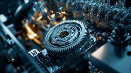 Poster - Close-up of intricate metallic gears and machinery components.
