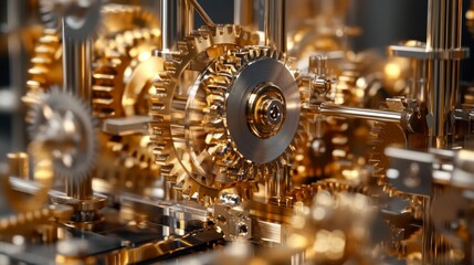 Poster - Close-up of intricate gold gears interlocked, showcasing precision engineering and complex mechanism.