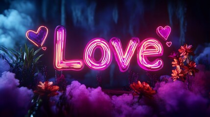 Aufkleber - Pink neon love sign glowing in romantic fantasy garden