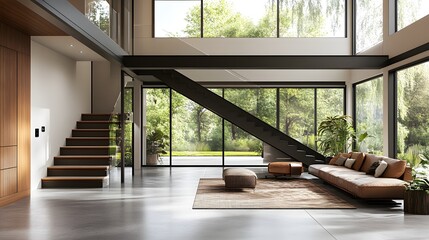 Poster - Modern open plan living room with large windows overlooking green garden