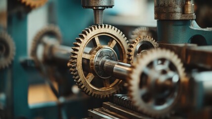 Poster - Close-up of intricate brass gears interlocked on a vintage industrial machine.