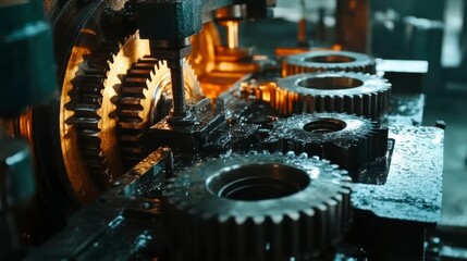Poster - Close-up of industrial machinery gears in motion, showing intricate details and metallic textures.