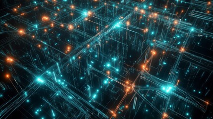 Fototapete - Abstract digital grid with glowing nodes and connections.