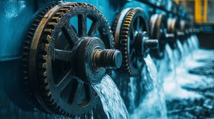 Aufkleber - Close-up of industrial water treatment gears and flowing water.