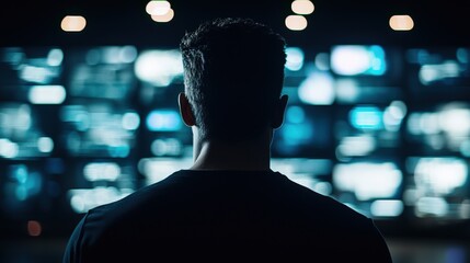 Silhouetted man facing away from camera, gazing at a wall of blurred teal screens, conveying a sense of mystery and technological immersion.