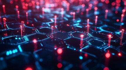 Leinwandbilder - Abstract digital network with glowing red and blue nodes and lines on a dark hexagonal background.