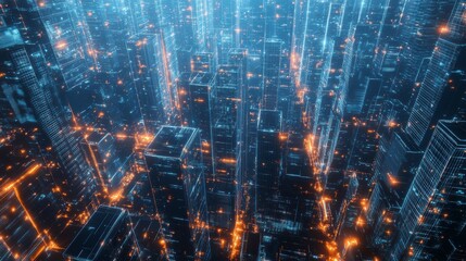 Aufkleber - Futuristic city skyline at night, glowing skyscrapers, digital lines.