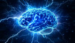 © FATNA - Human brain digital illustration. Electrical activity, flashes and lightning on a blue background. Digital Illustration of the Human Brain. Electrical Activity, Flashes, and Lightning on a Blue Backgr