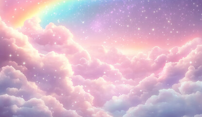 A whimsica pastel rainbow unicorn background shines with sparkling stars against a soft, pink fantasy sky. Fairy iridescent gradient backdrop. unicorn resting on a fluffy cloud with a vibrant rainbow.
