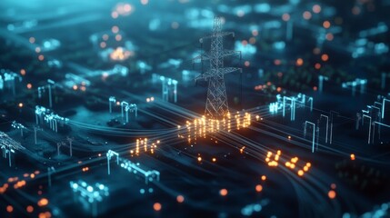 Poster - Futuristic power grid network, digital electricity transmission, energy infrastructure.